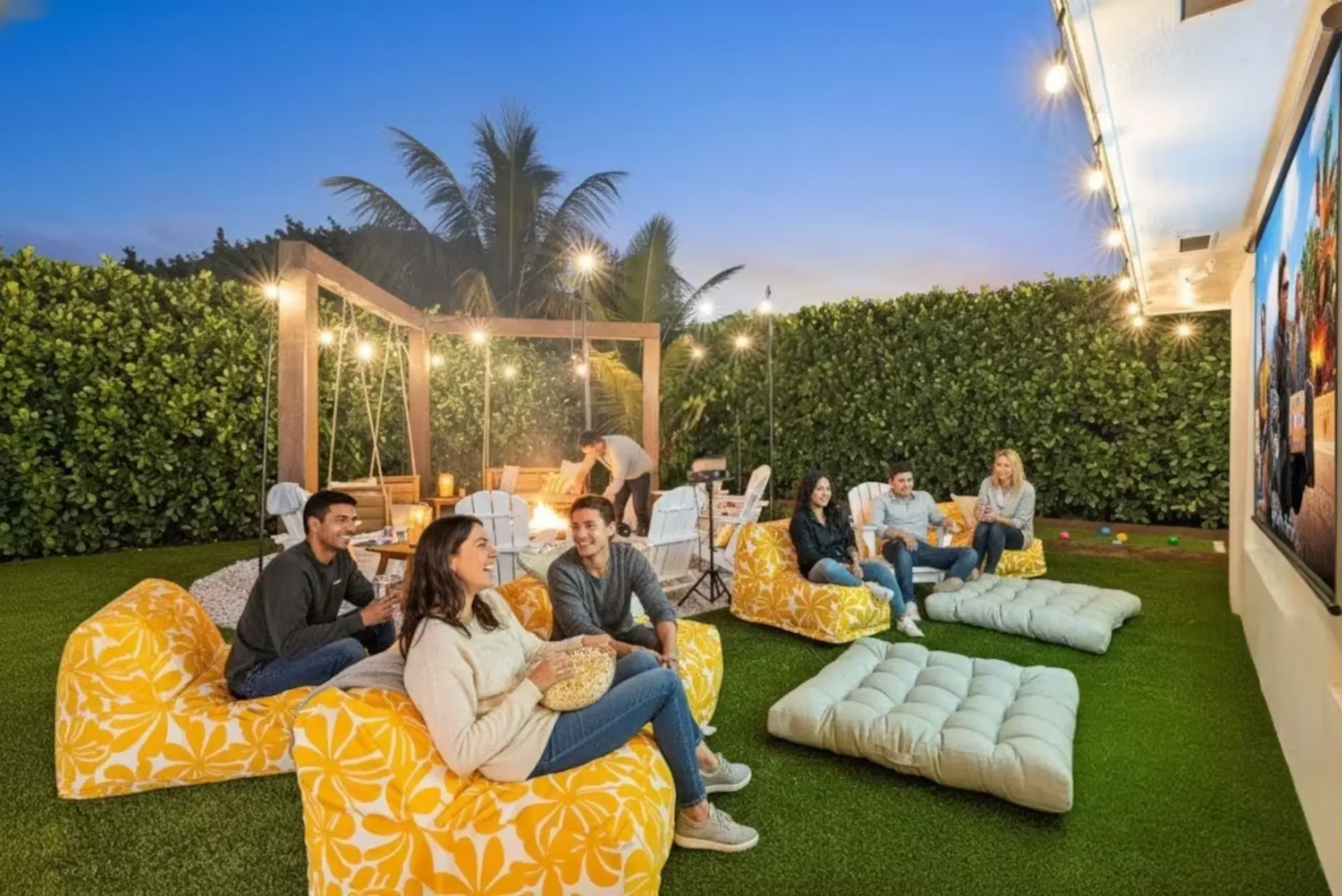 Outdoor movie night by the fire pit