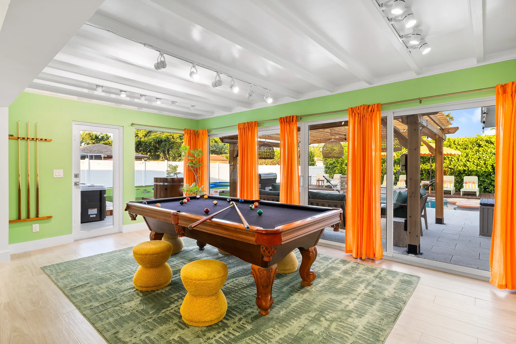 Pool table with patio view