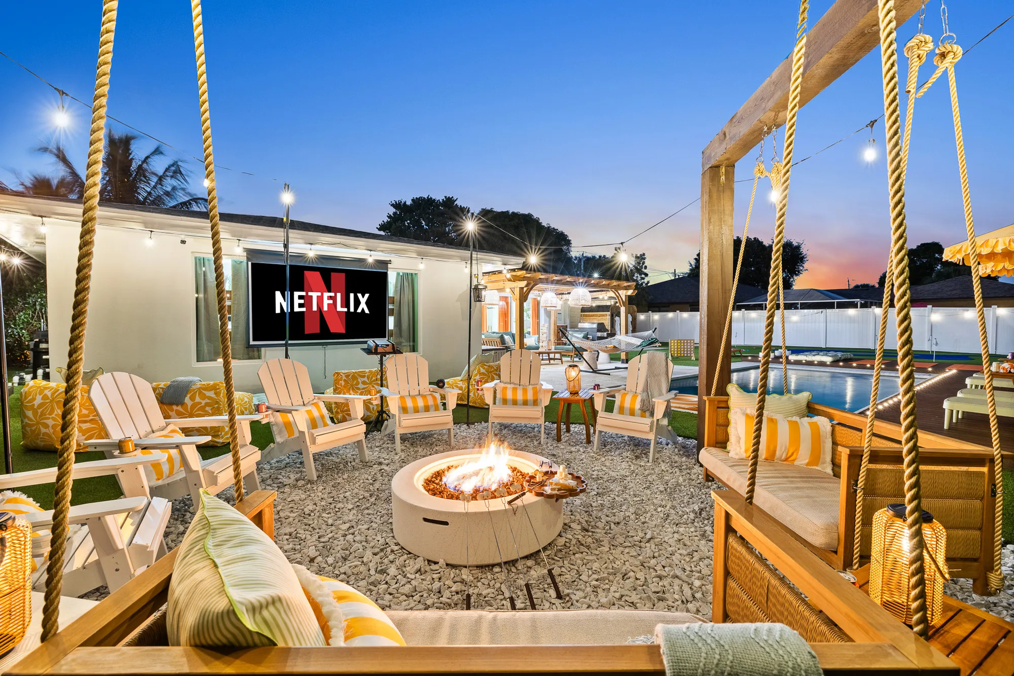 Fire pit and outdoor movie at night