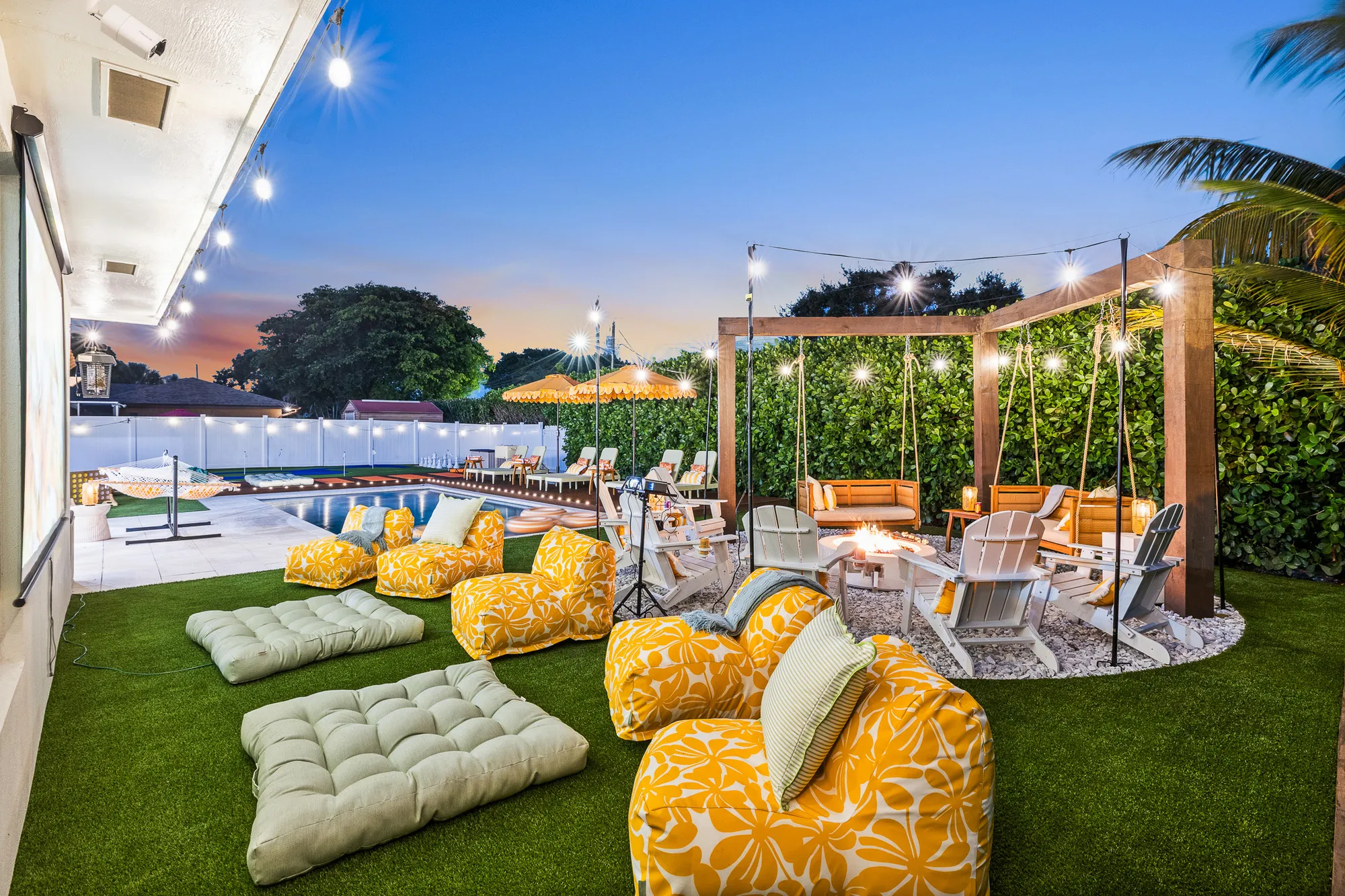 Outdoor movie seating at dusk