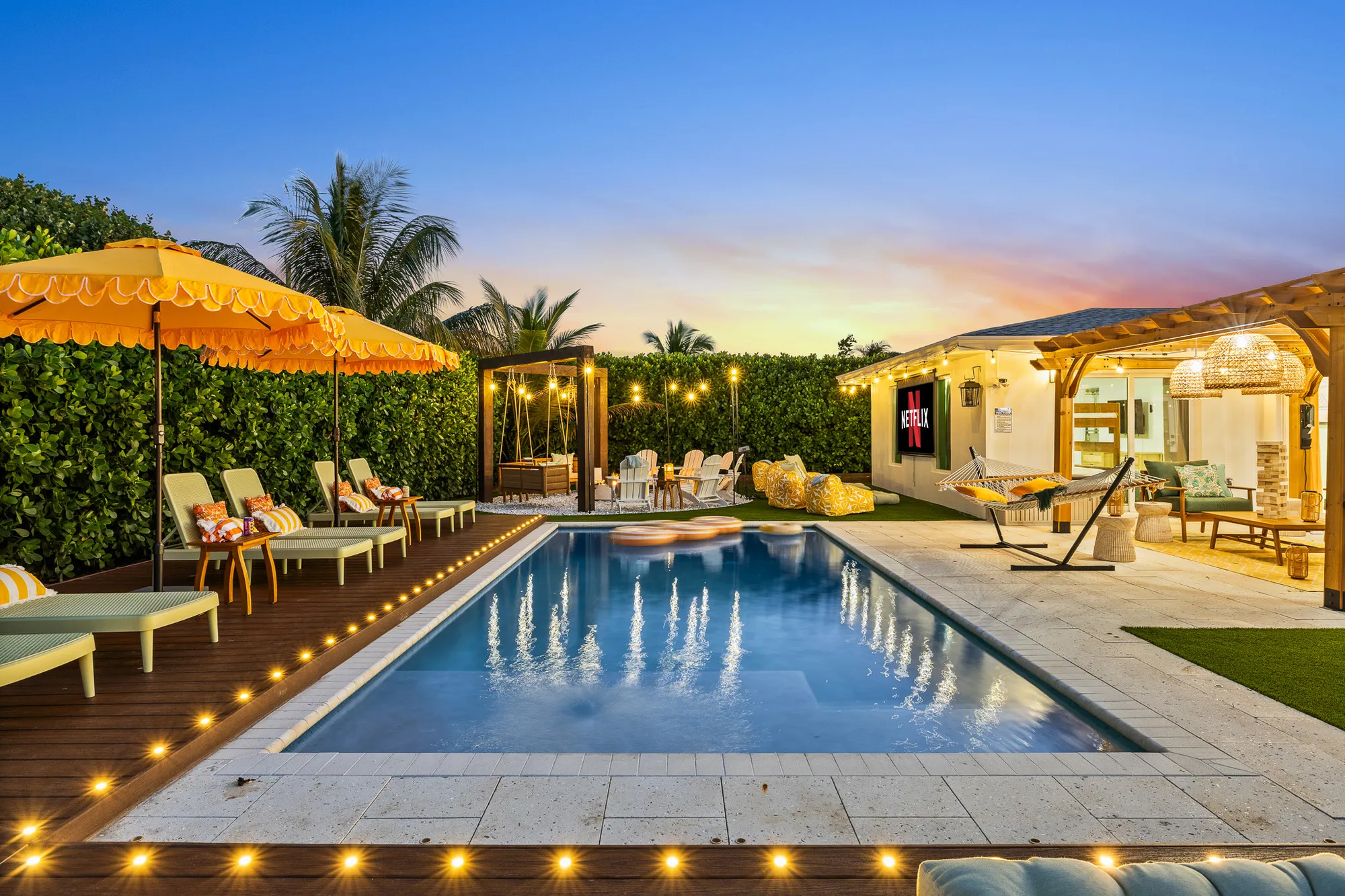 Pool and patio at sunset